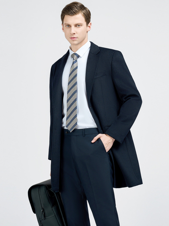 Pánsky vlnený kabát, dlhý, jednoradový, s golierom saka, jednofarebný, zimný hrubý, vrecká patch