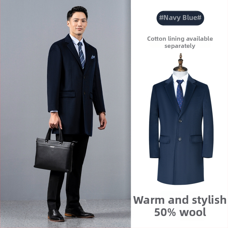 Pánsky vlnený kabát, dlhý, jednoradový, s golierom saka, jednofarebný, zimný hrubý, vrecká patch