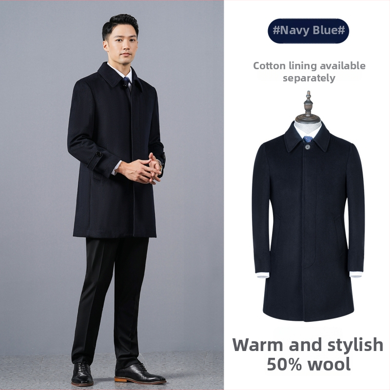 Pánsky vlnený kabát, dlhý, jednoradový, s golierom saka, jednofarebný, zimný hrubý, vrecká patch