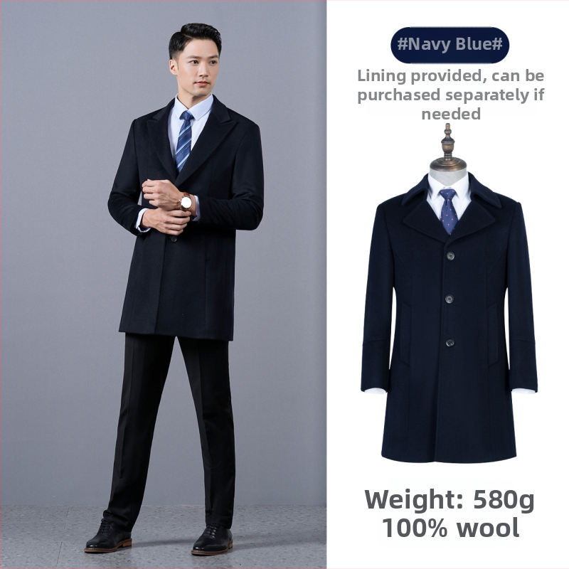 Pánsky vlnený kabát, dlhý, jednoradový, s golierom saka, jednofarebný, zimný hrubý, vrecká patch