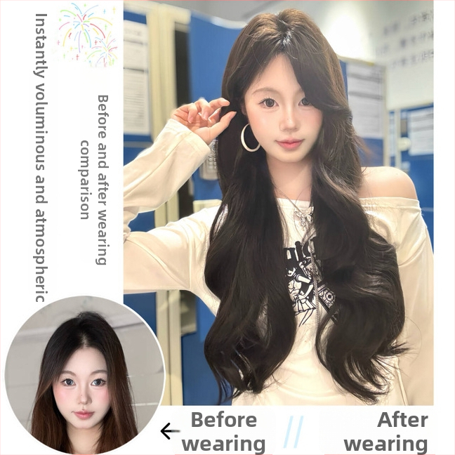 Parochňa: dlhé kučeravé s bočnou ofinkou — prírodný štýl, vysokoteplotné hodvábne vlákno, pre ženy