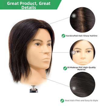 Manekínová hlava s pravými ľudskými vlasmi pre mužské účesy, model 12365, Jin-hee head model, krátke rovné vlasy, s možnosťou plochej alebo bočnej ofiny