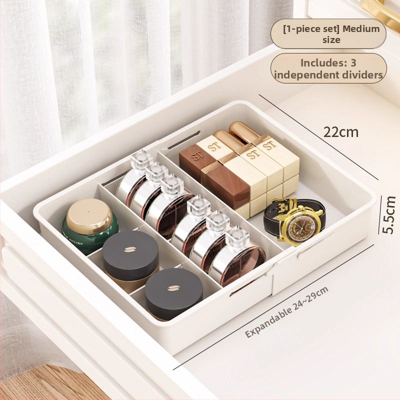 Laiendatav sahtli organiseerija karp jaotustükkidega, PP materjal, ilma kaaneta, eraldi jagaja kaasas, 1 L maht, sobib köögile, lauale, meigilauale ja sügavatele kappidele