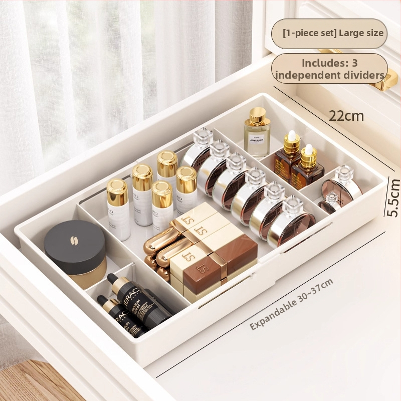 Laiendatav sahtli organiseerija karp jaotustükkidega, PP materjal, ilma kaaneta, eraldi jagaja kaasas, 1 L maht, sobib köögile, lauale, meigilauale ja sügavatele kappidele