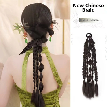 Paruka s copom a opleteným vlasom, ozdobou s kvetom, točené copánky, Nový čínsky štýl svadobného účesu – Značka Fujia, Modely FB002/MW156, Materiál: vlákno s vysokou teplotou, Pre ženy