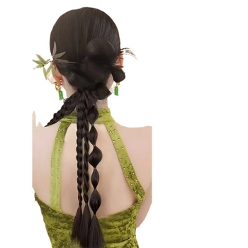 Paruka s copom a opleteným vlasom, ozdobou s kvetom, točené copánky, Nový čínsky štýl svadobného účesu – Značka Fujia, Modely FB002/MW156, Materiál: vlákno s vysokou teplotou, Pre ženy