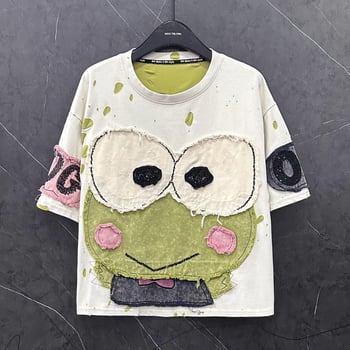 Pamukasta majica s motivom anime karikatura, opušten kroj, okrugli izrez, kratki rukavi