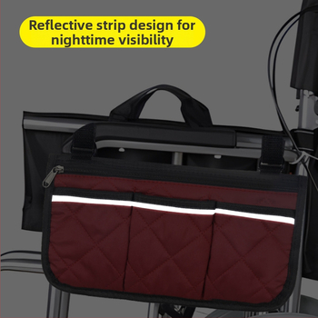 Ratastooli küljele kinnitatav hoiukott — mitmeotstarbeline tasku helkurribadega, ruudukujuline kuju, sobib reisidele ja kärudele