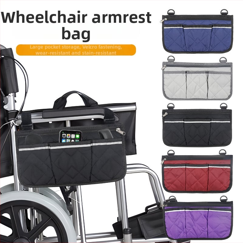 Ratastooli küljele kinnitatav hoiukott — mitmeotstarbeline tasku helkurribadega, ruudukujuline kuju, sobib reisidele ja kärudele