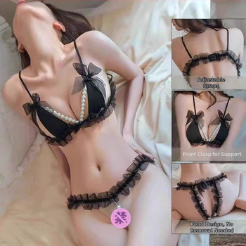 Naiste aluspesu komplekt kolmetri disainiga, pärlidetailid ja läbivaat pits avatud eesosaga (polüesterkangas 90–95%)