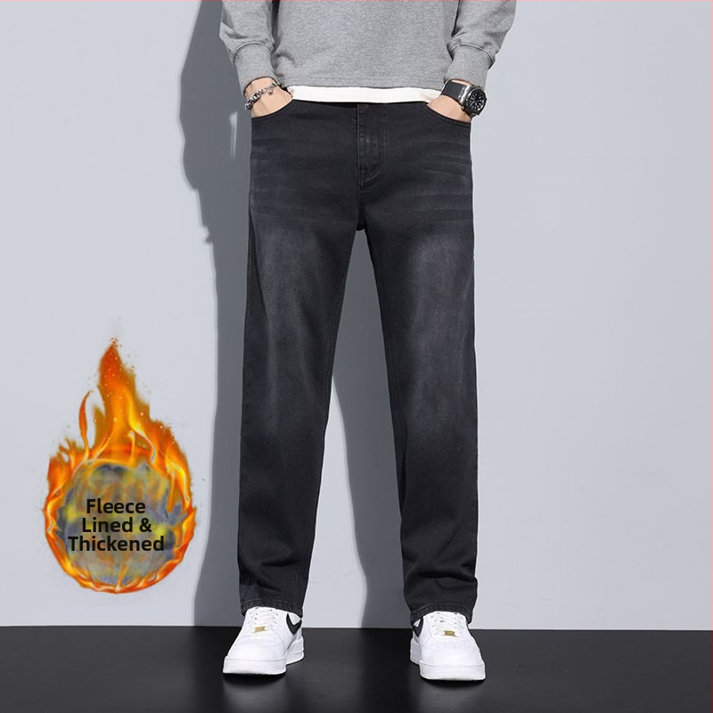 Meeste denim teksad — sirge lõige, fliisvooder, keskjooneline vöökoht, nupuga sulgemine, 60%+ puuvill