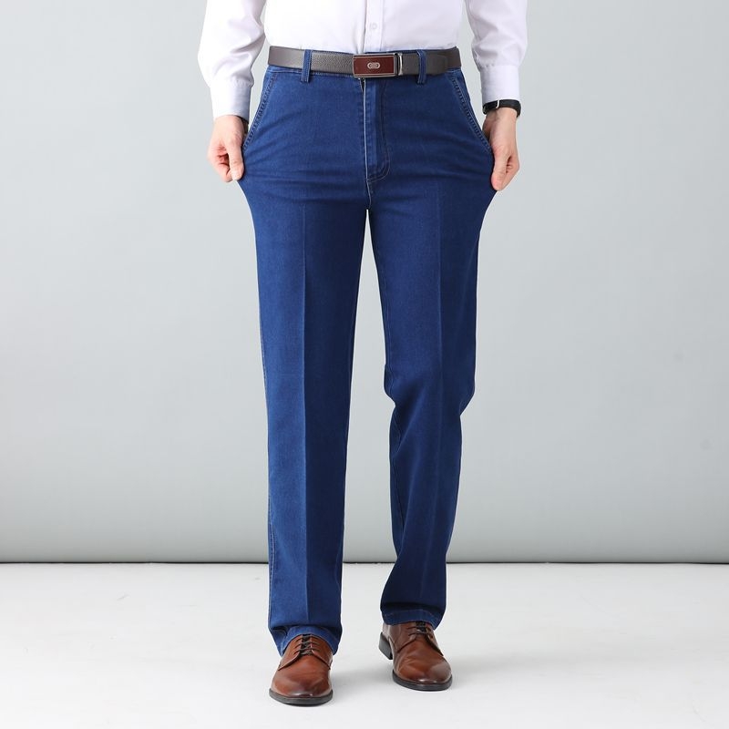 Meeste casual farkud: kõrge vöökoht, sirge lõige, tõmblukk, keskmine elastus