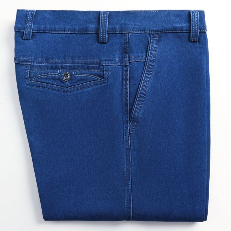 Meeste casual farkud: kõrge vöökoht, sirge lõige, tõmblukk, keskmine elastus