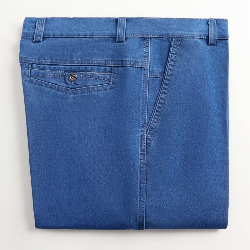 Meeste casual farkud: kõrge vöökoht, sirge lõige, tõmblukk, keskmine elastus