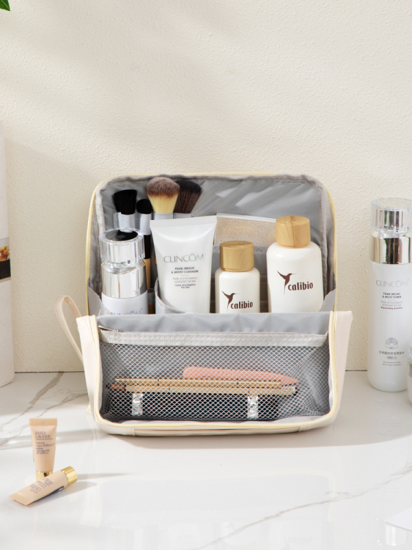 Stojaca kozmetická taška pre ženy, PU materiál, veľký objem, vodotesná a priedušná, suché-mokré oddeľovanie, podšívka Twill 230d