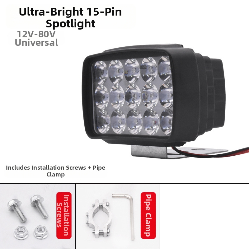 LED prožektor esilatern elektrilise tõukeratta ja mootorratta jaoks, 12-84V, 15 LED, 15W, plastikust korpus
