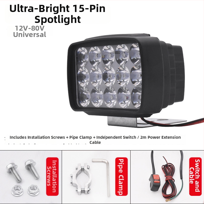 LED prožektor esilatern elektrilise tõukeratta ja mootorratta jaoks, 12-84V, 15 LED, 15W, plastikust korpus