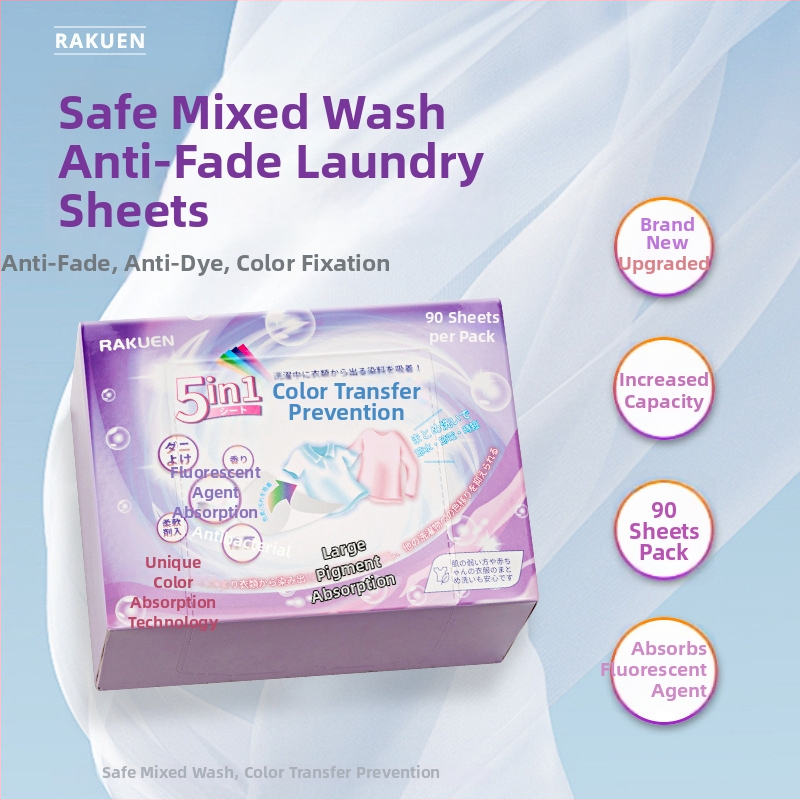 Japonské štýlové farebne absorbčné pracie listy - 5 v 1, proti škvrnám, proti prenášaniu farieb, dlhotrvajúca vôňa (90 listov)