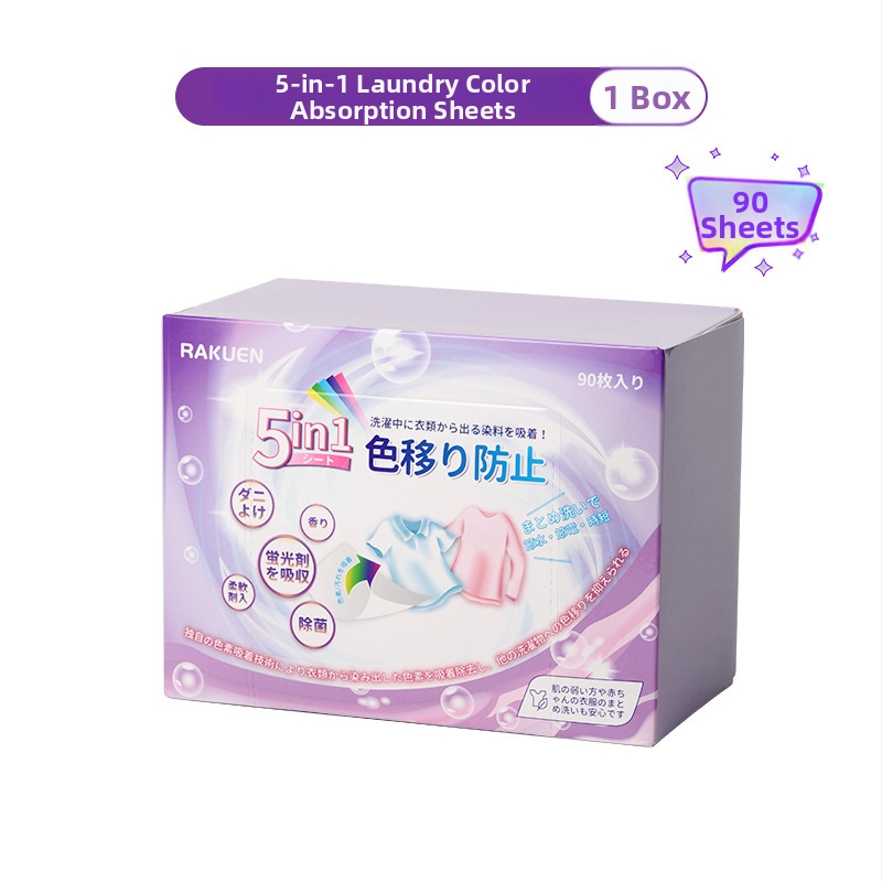 Japonské štýlové farebne absorbčné pracie listy - 5 v 1, proti škvrnám, proti prenášaniu farieb, dlhotrvajúca vôňa (90 listov)