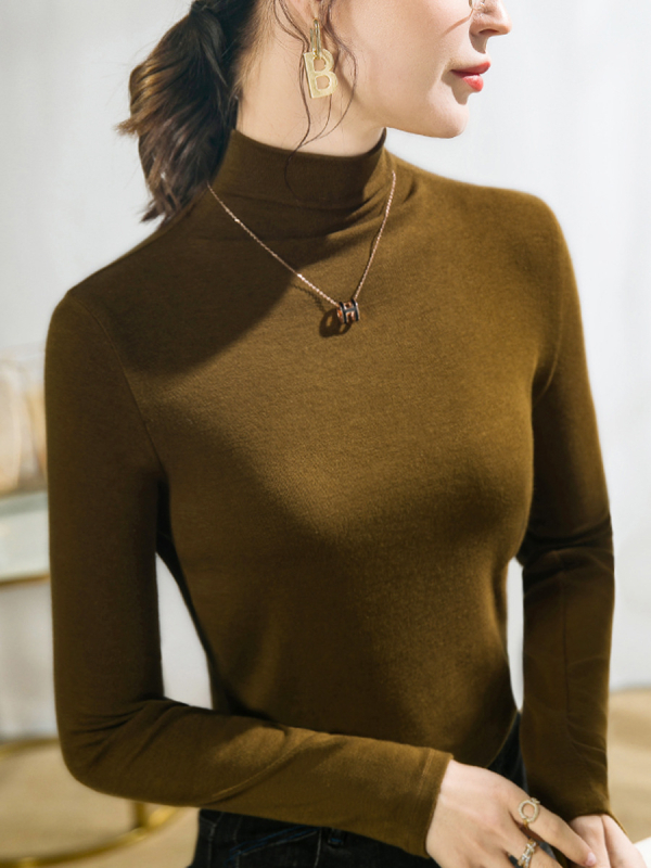 Női póló modal kötött anyagból, hosszú ujjú, félmagas gallér, karcsú szabás