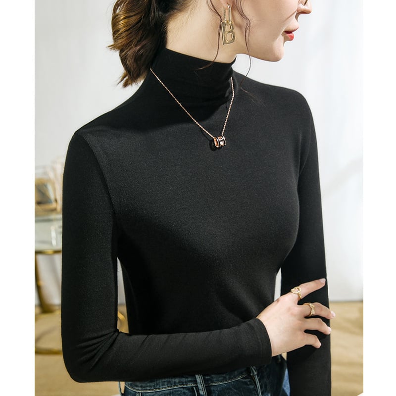 Női póló modal kötött anyagból, hosszú ujjú, félmagas gallér, karcsú szabás