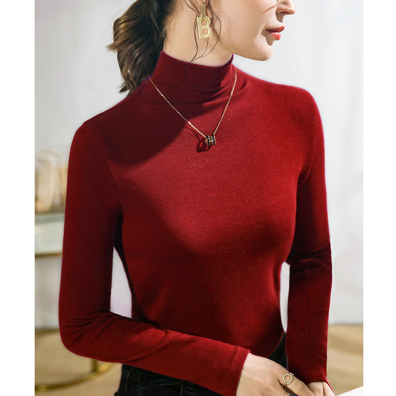 Női póló modal kötött anyagból, hosszú ujjú, félmagas gallér, karcsú szabás