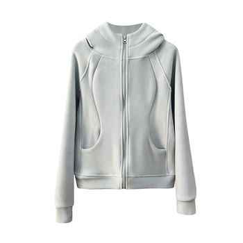 Ženska dvostruka fleece kapuljača dukserica, uski kroj, standardna duljina, prednji zip, poliester s elastanom