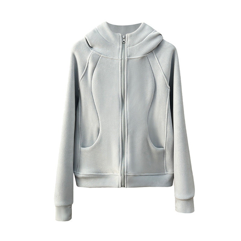 Ženska dvostruka fleece kapuljača dukserica, uski kroj, standardna duljina, prednji zip, poliester s elastanom