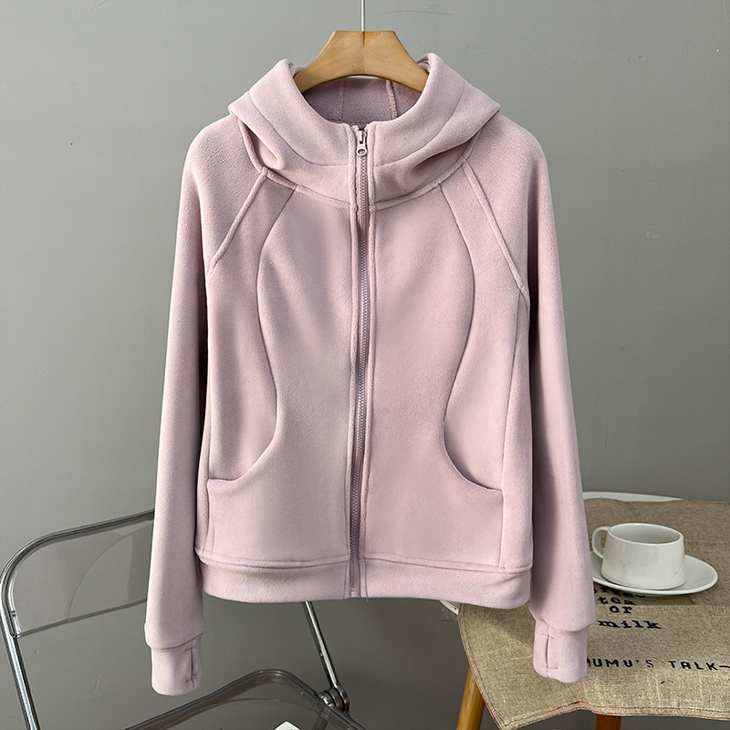 Ženska dvostruka fleece kapuljača dukserica, uski kroj, standardna duljina, prednji zip, poliester s elastanom