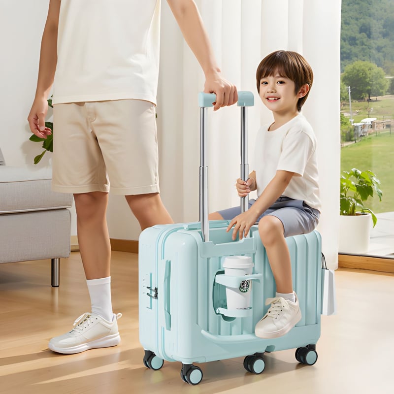 Детски куфар за сядане с 360° въртящи се колела, ABS+PC материал, цип, унисекс, лек, 3 кг