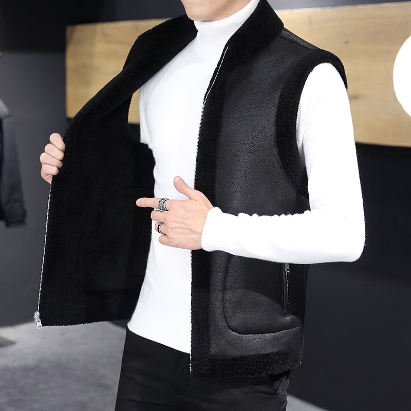Pánska fleecová vesta s podšívkou, voľný strih, stojací golier, zips, bočné vrecká