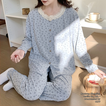 Emade imetamise pijamakomplekt, pikad varrukad, ümmargune kaelus, vaba stiil, 95% polüester + 5% elastaani