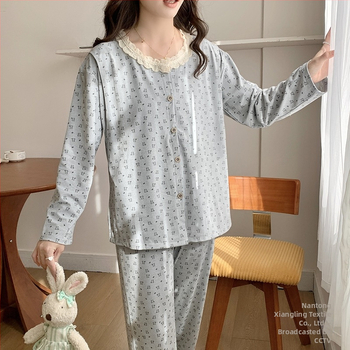 Emade imetamise pijamakomplekt, pikad varrukad, ümmargune kaelus, vaba stiil, 95% polüester + 5% elastaani