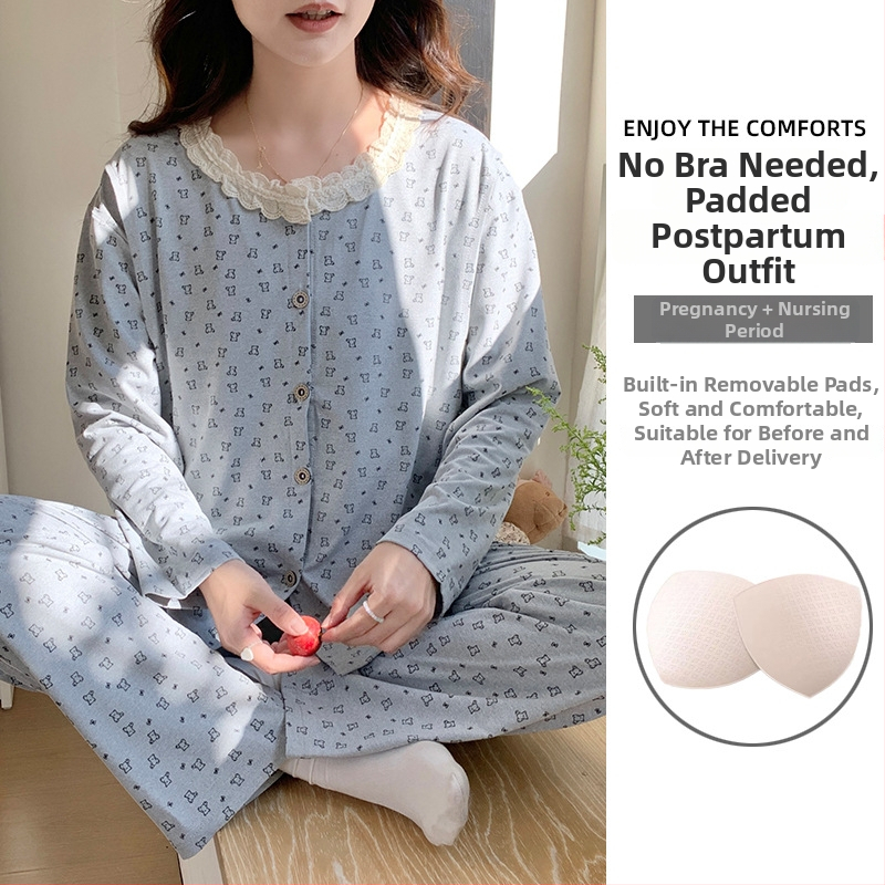 Emade imetamise pijamakomplekt, pikad varrukad, ümmargune kaelus, vaba stiil, 95% polüester + 5% elastaani