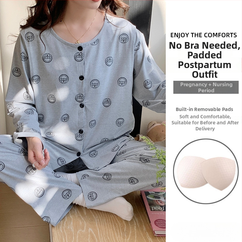 Emade imetamise pijamakomplekt, pikad varrukad, ümmargune kaelus, vaba stiil, 95% polüester + 5% elastaani