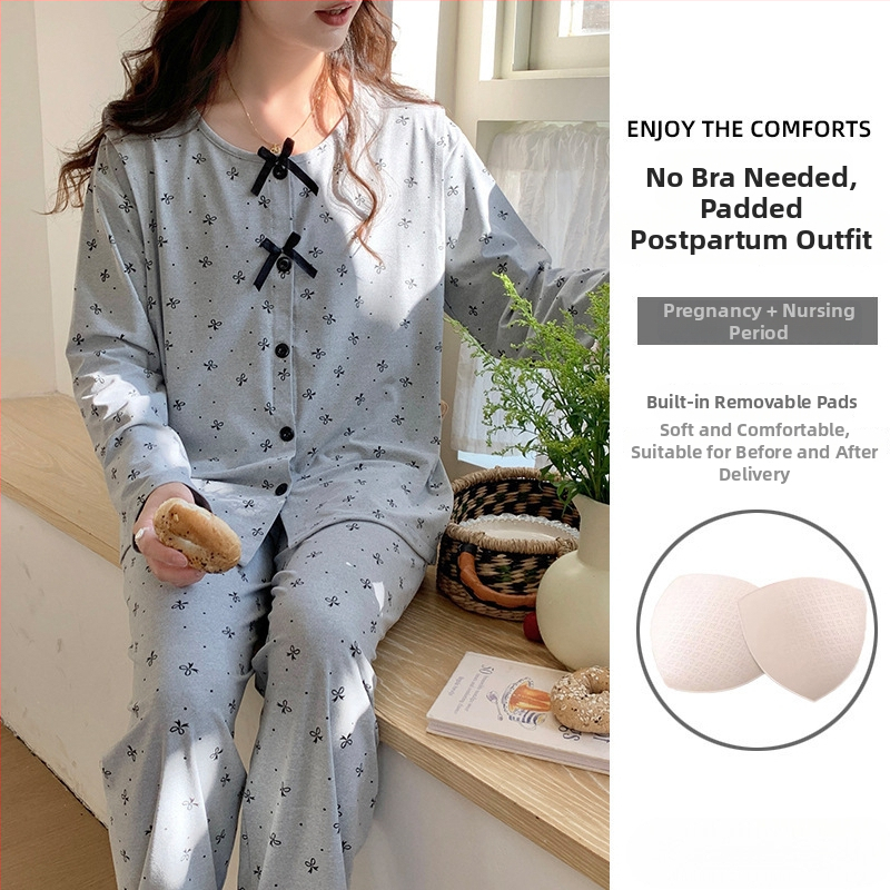 Emade imetamise pijamakomplekt, pikad varrukad, ümmargune kaelus, vaba stiil, 95% polüester + 5% elastaani