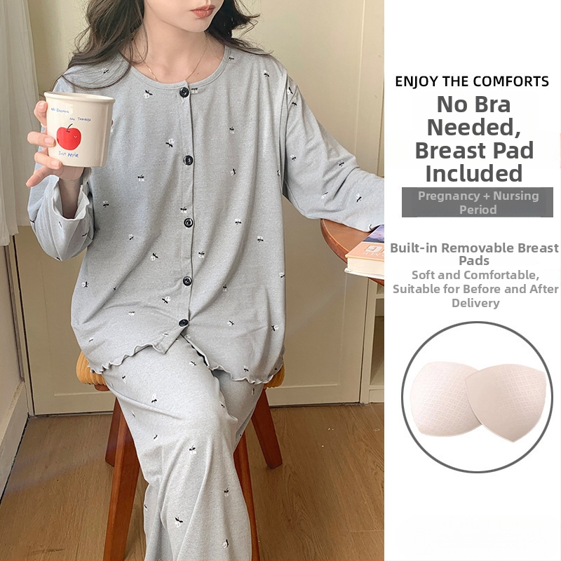 Emade imetamise pijamakomplekt, pikad varrukad, ümmargune kaelus, vaba stiil, 95% polüester + 5% elastaani