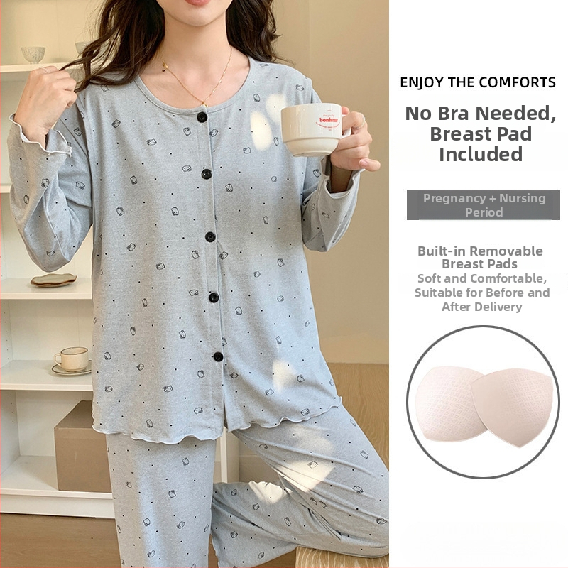 Emade imetamise pijamakomplekt, pikad varrukad, ümmargune kaelus, vaba stiil, 95% polüester + 5% elastaani