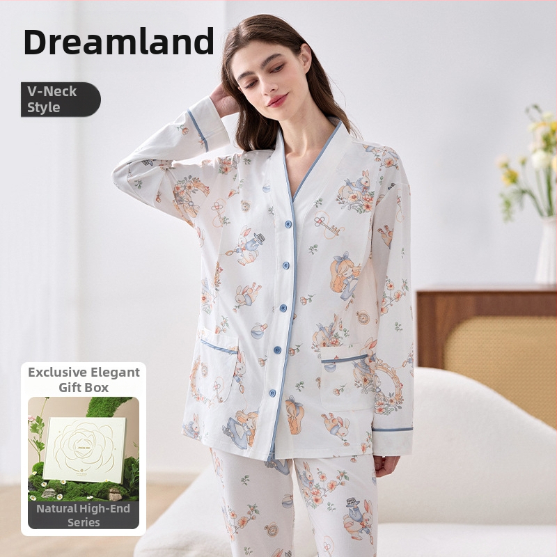 Lyocell set nočného oblečenia pre dojčenie a tehotenstvo, víla štýl, V-krk, dlhé rukávy, dlhé nohavice, jeseň 2025 vydanie