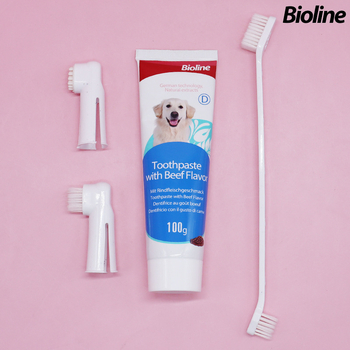 Bioline set zubnej pasty a kefy pre domáce zvieratá – pre psy a mačky, viac chutí, jedlá pasta, svieži dych, starostlivosť o ďasná a parodontálne zdravie