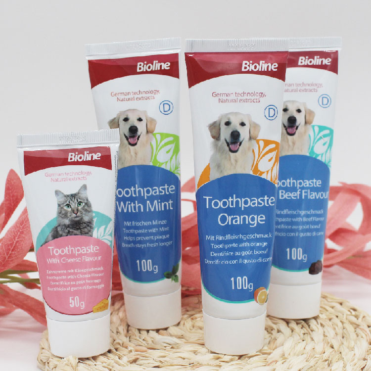 Bioline set zubnej pasty a kefy pre domáce zvieratá – pre psy a mačky, viac chutí, jedlá pasta, svieži dych, starostlivosť o ďasná a parodontálne zdravie