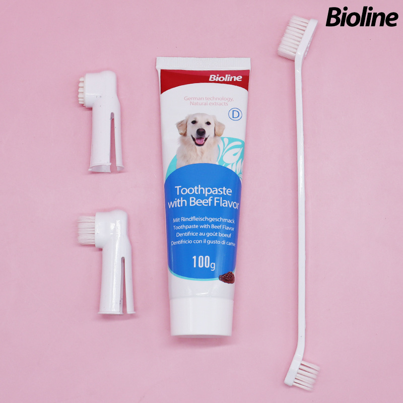 Bioline set zubnej pasty a kefy pre domáce zvieratá – pre psy a mačky, viac chutí, jedlá pasta, svieži dych, starostlivosť o ďasná a parodontálne zdravie