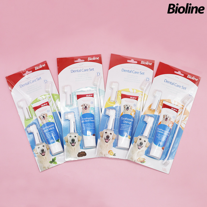 Bioline set zubnej pasty a kefy pre domáce zvieratá – pre psy a mačky, viac chutí, jedlá pasta, svieži dych, starostlivosť o ďasná a parodontálne zdravie