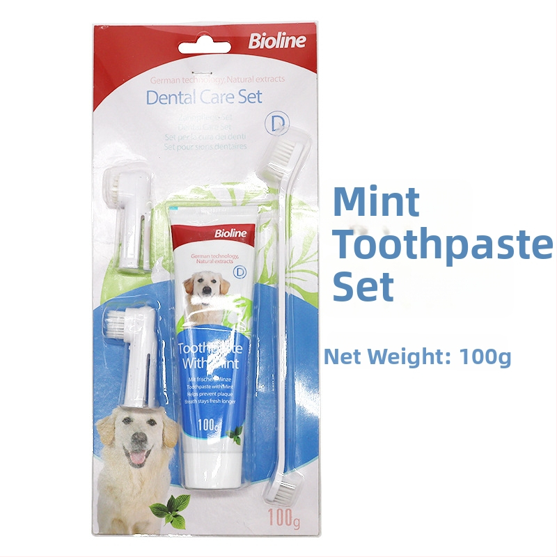 Bioline set zubnej pasty a kefy pre domáce zvieratá – pre psy a mačky, viac chutí, jedlá pasta, svieži dych, starostlivosť o ďasná a parodontálne zdravie