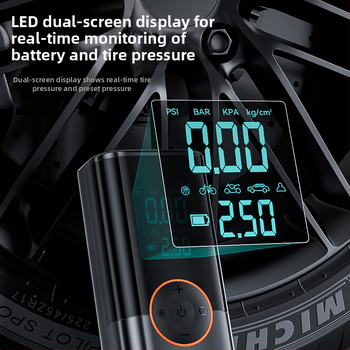 Automobilná pumpa na pneumatiky s integrovanou polymerovou batériou a núdzovým štartom — prenosný kompresor na pneumatiky, 14.8V, ≤80W, 25 L/min