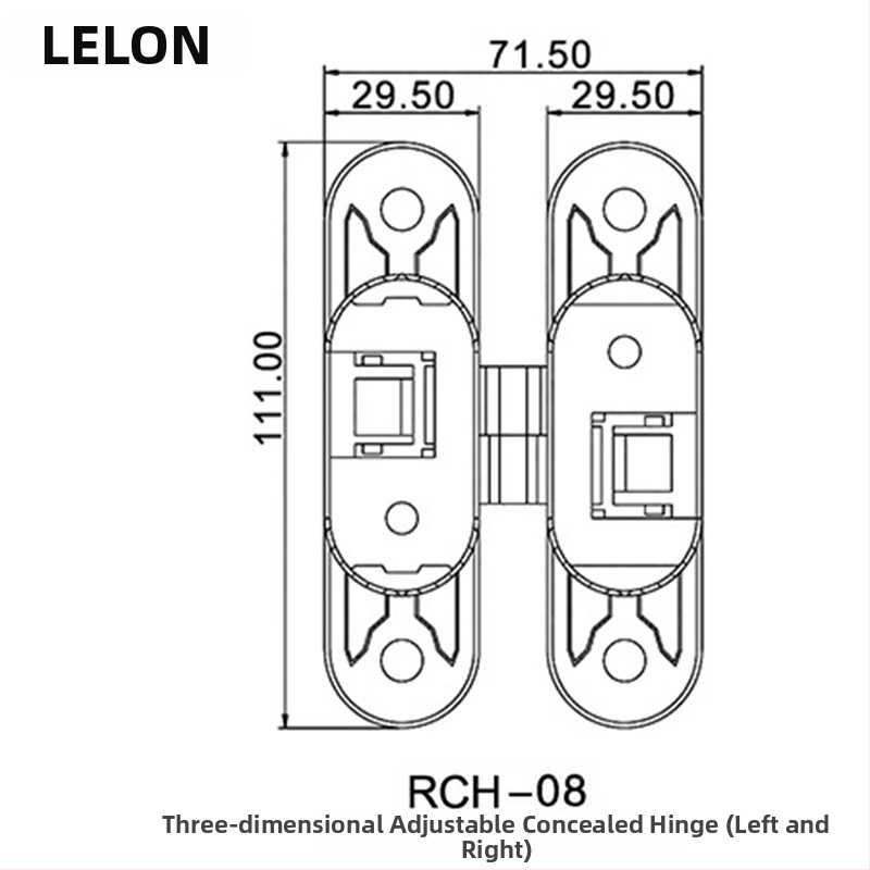 Kolmemõõtmeline reguleeritav nähtamatu hinge – tsink sulamist, 180°, vasak-parem jaotus, peidetud uks, mudel RCH-08, tüüp H, 60 kg paari kohta