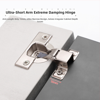 Szekrényajtó pánt ultra-rövid karú, kétfázisú erő- és csillapító mechanizmussal, keskeny oldalsó panelhez, vasból nikkelezett felülettel