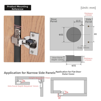 Szekrényajtó pánt ultra-rövid karú, kétfázisú erő- és csillapító mechanizmussal, keskeny oldalsó panelhez, vasból nikkelezett felülettel