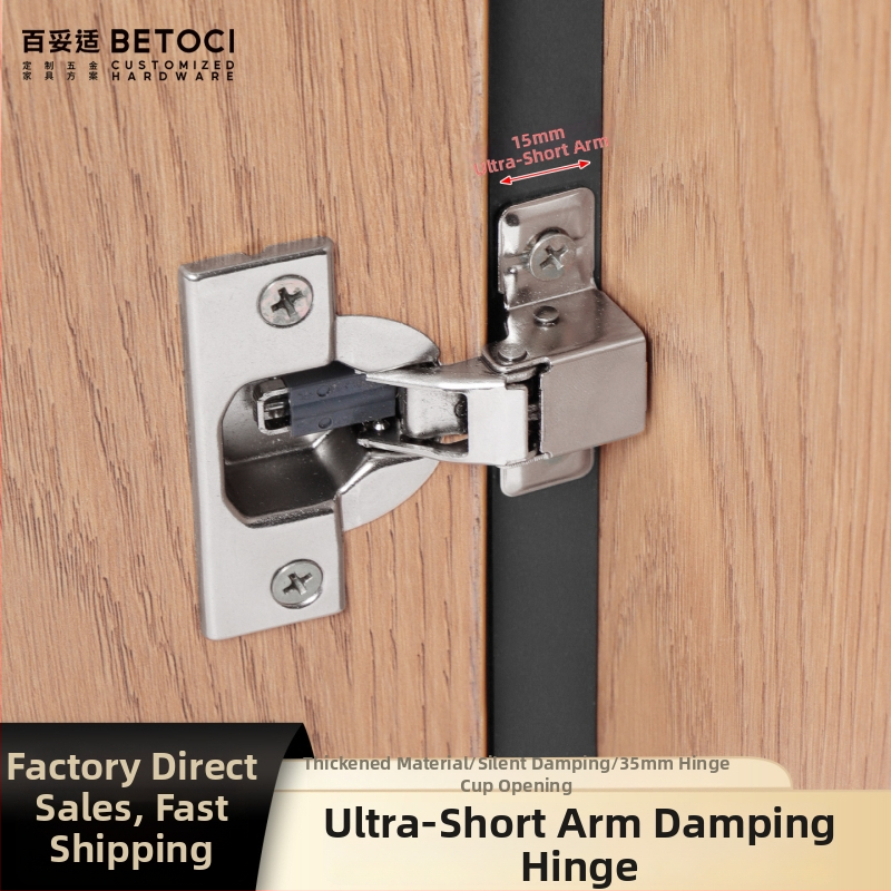 Záves na skrine s dvoufázovým silovým mechanizmom, ultra krátkou ramenou, tlmičom, pre úzke bočné panely, železo s niklovaným povrchom