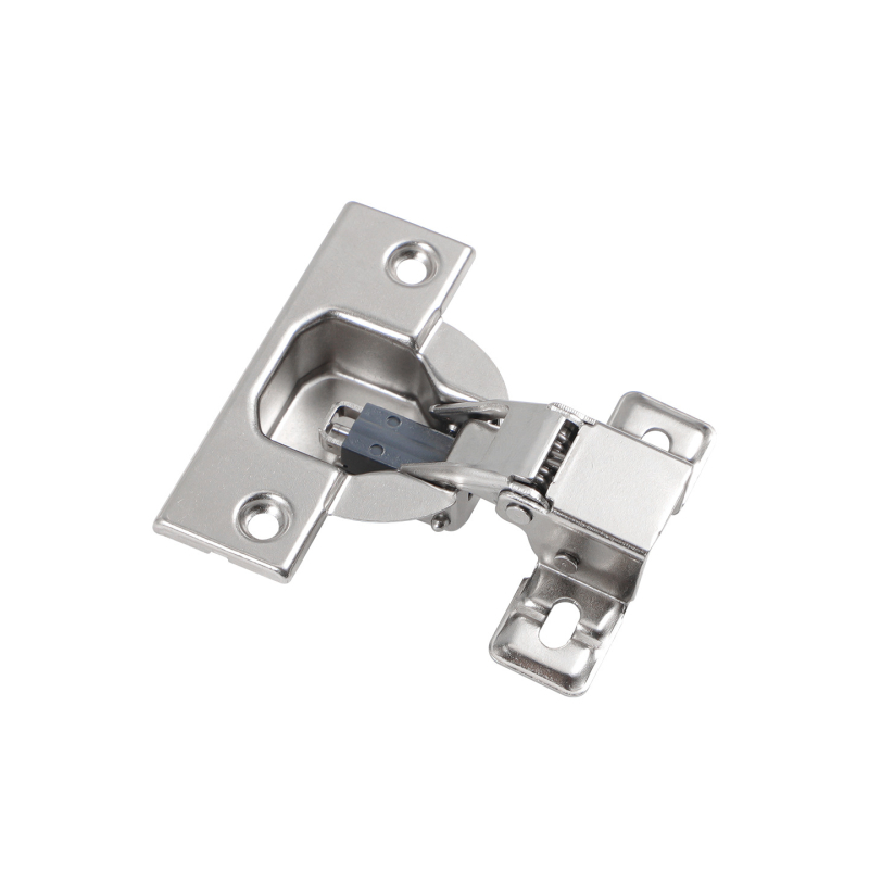 Szekrényajtó pánt ultra-rövid karú, kétfázisú erő- és csillapító mechanizmussal, keskeny oldalsó panelhez, vasból nikkelezett felülettel